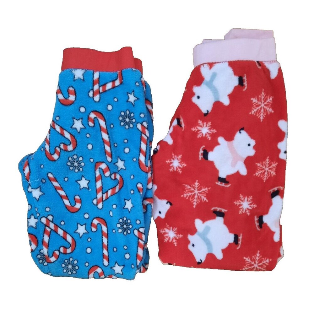 NEW Christmas Lounge Pant Pajama Lot Fuzzy 2 Pair Elastic Bear Red Blue Small